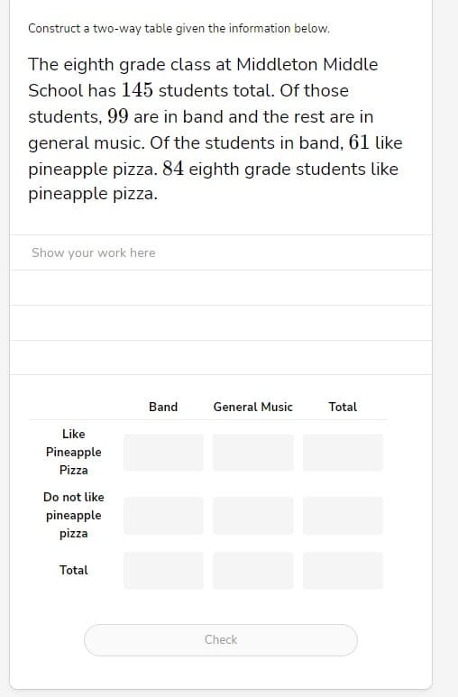 Construct a two-way table given the information below.
The eighth grade class at Middleton Middle
School has 145 students total. Of those
students, 99 are in band and the rest are in
general music. Of the students in band, 61 like
pineapple pizza. 84 eighth grade students like
pineapple pizza.
Show your work here
Like
Pineapple
Pizza
Do not like
pineapple
pizza
Total
Band
General Music
Check
Total