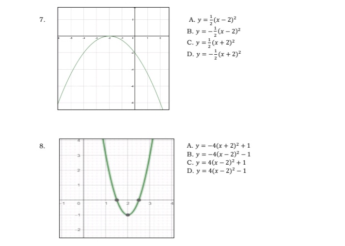 A. y = (x– 2)?
B. y = -(x- 2)?
C. y =(x + 2)2
D. y = -(x + 2)2
7.
A. y = -4(x + 2)² +1
B. y = -4(x – 2)² – 1
C. y = 4(x – 2)² +1
D. y = 4(x – 2)² –1
8.
-1
