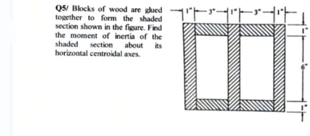 Q5/ Blocks of wood are glued "³"|""|
together to form the shaded
section shown in the figure. Find
the moment of inertia of the
shaded section about its
horizontal centroidal axes.
