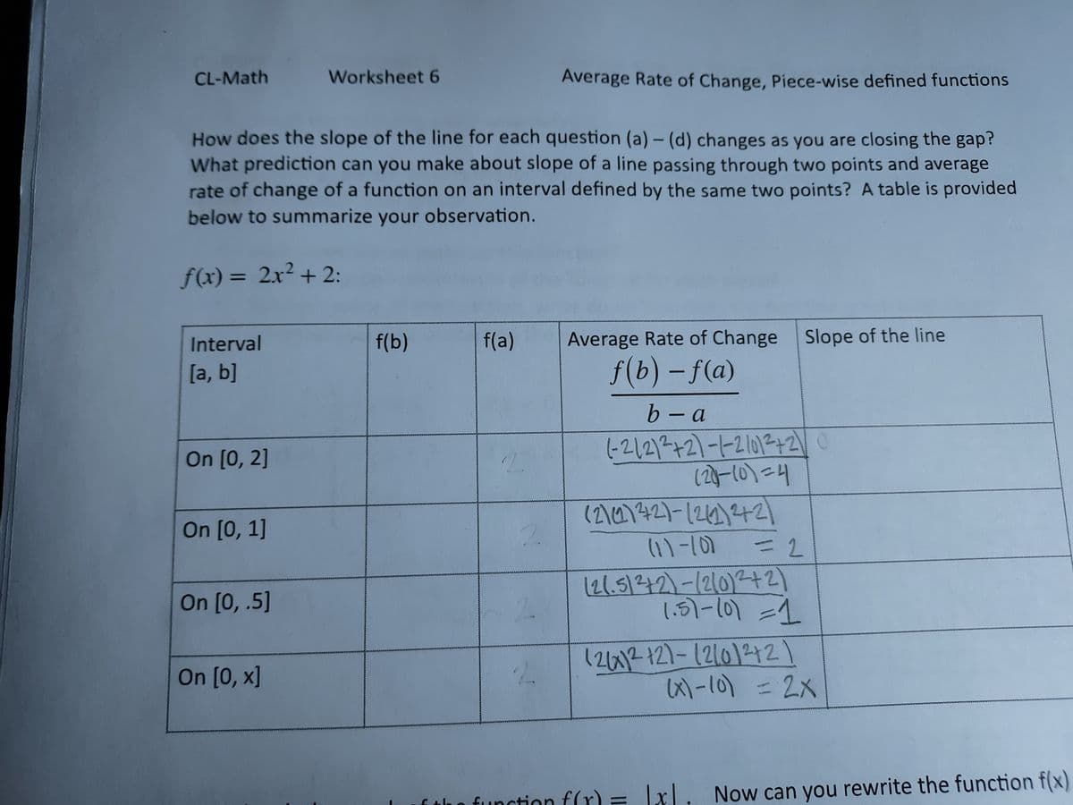 CL-Math
Average Rate of Change, Piece-wise defined functions
How does the slope of the line for each question (a) - (d) changes as you are closing the gap?
What prediction can you make about slope of a line passing through two points and average
rate of change of a function on an interval defined by the same two points? A table is provided
below to summarize your observation.
f(x) = 2x² +2:
Interval
[a, b]
On [0, 2]
On [0, 1]
On [0,.5]
Worksheet 6
On [0, x]
f(b)
f(a)
2
2
2.
2.
Average Rate of Change Slope of the line
f(b) - f(a)
b-a
(-2121²+2)-1-2/01²+2 0
(20)-10)=4
(21(2142)-(242)2+2)
(1)-10)
= 2
(2(.5)2+2)-(2/0)²+2)
1.57-101 =1
(26x12 +21-12/012+2)
(x)-10) = 2X
in function f(x) =
x. Now can you rewrite the function f(x)