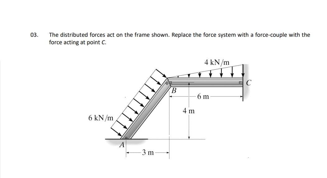 03.
The distributed forces act on the frame shown. Replace the force system with a force-couple with the
force acting at point C.
4 kN/m
C
B
6 kN/m
A
-3 m
4 m
6 m