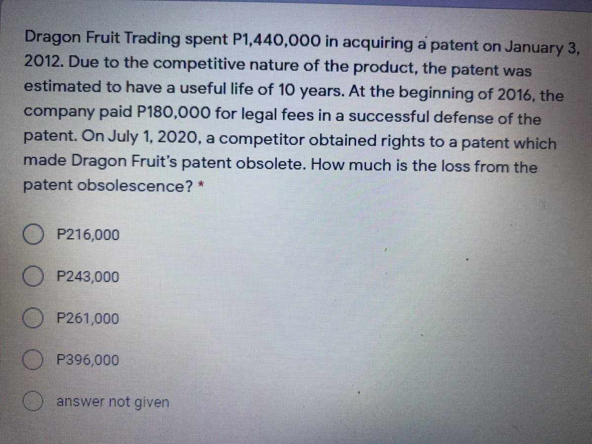 Dragon Fruit Trading spent P1,440,000 in acquiring a patent on January 3,
2012. Due to the competitive nature of the product, the patent was
estimated to have a useful life of 10 years. At the beginning of 2016, the
company paid P180,000 for legal fees in a successful defense of the
patent. On July 1, 2020, a competitor obtained rights to a patent which
made Dragon Fruit's patent obsolete. How much is the loss from the
patent obsolescence? *
O P216,000
P243,000
P261,000
O P396,000
answer not given
