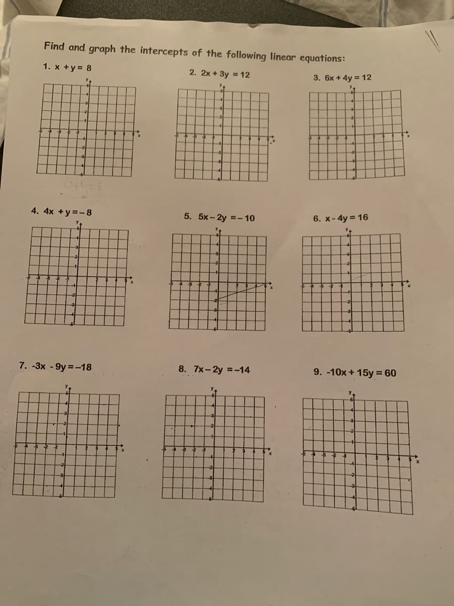 Find and graph the intercepts of the following linear equations:
1. x +y= 8
2. 2x + 3y = 12
3. 6x + 4y = 12
4. 4x +y=-8
5. 5x-2y =- 10
6. x-4y = 16
7. -3x - 9y =-18
8. 7x-2y =-14
9. -10x + 15y = 60
