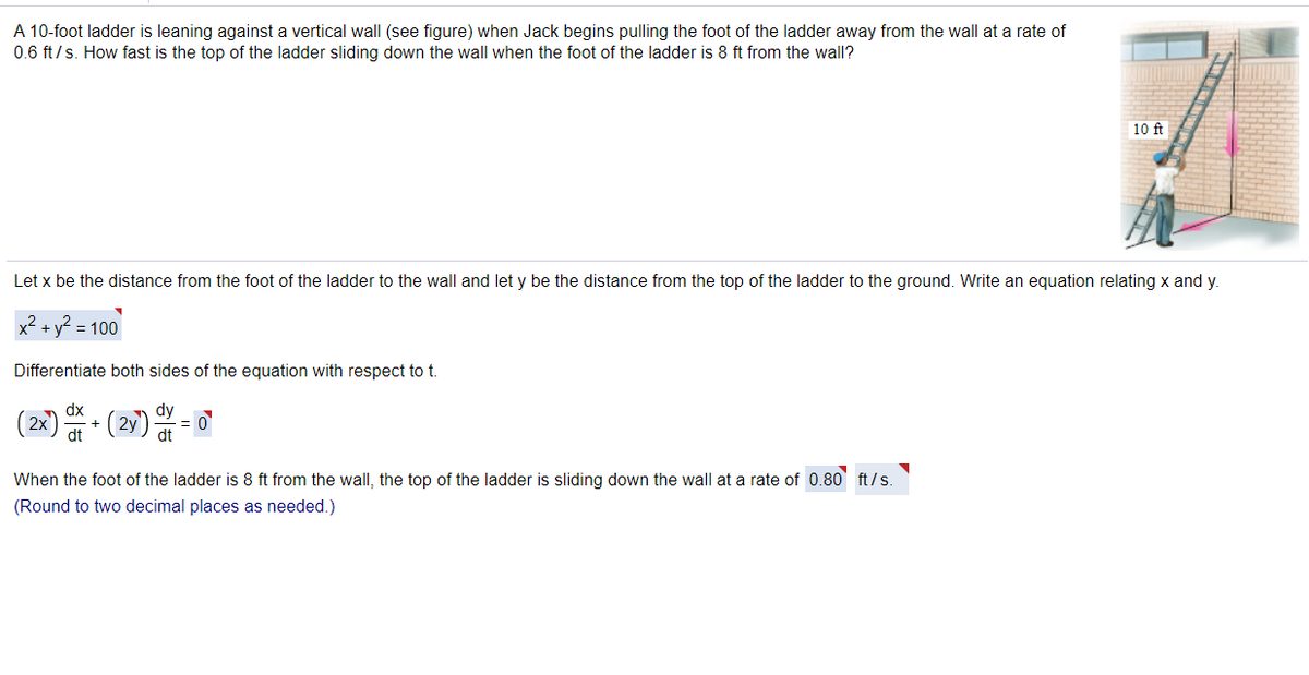 A 10-foot ladder is leaning against a vertical wall (see figure) when Jack begins pulling the foot of the ladder away from the wall at a rate of
0.6 ft /s. How fast is the top of the ladder sliding down the wall when the foot of the ladder is 8 ft from the wall?
10 ft
Let x be the distance from the foot of the ladder to the wall and let y be the distance from the top of the ladder to the ground. Write an equation relating x and y.
x² + y²
= 100
Differentiate both sides of the equation with respect to t.
dx
dy
= 0
dt
dt
When the foot of the ladder is 8 ft from the wall, the top of the ladder is sliding down the wall at a rate of 0.80 ft/s.
(Round to two decimal places as needed.)

