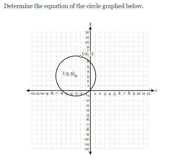 Determine the equation of the circle graphed below.
12
11
10
9
(-2, 7)
4
(-3, 3).
3
2
1
-12-11-10 -9 -8 -7 -64
1 2 3 4 5 6 7 8 9 1O 11 12
-2
-3
-4
-5
-6
-7
-8
-9
-10
-11
-12
