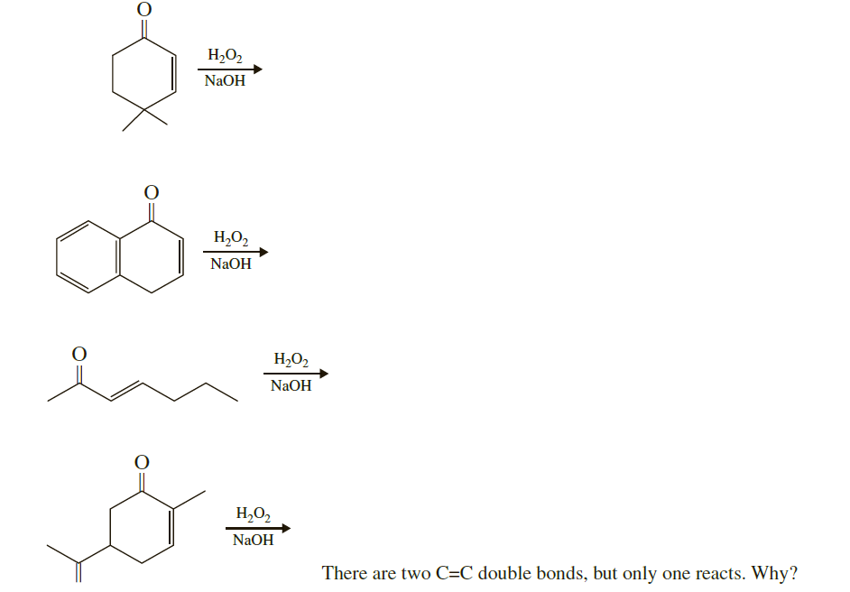 H,O2
NaOH
H,O2
NaOH
H2O2
NaOH
H,O,
NaOH
There are two C=C double bonds, but only one reacts. Why?
