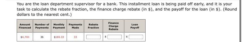 You are the loan department supervisor for a bank. This installment loan is being paid off early, and it is your
task to calculate the rebate fraction, the finance charge rebate (in $), and the payoff for the loan (in $). (Round
dollars to the nearest cent.)
Finance
Amount
Number of
Monthly
Payment
Payments
Made
Rebate
Loan
Charge
Rebate
Financed
Payments
Fraction
Payoff
$4,700
36
$165.33
33
