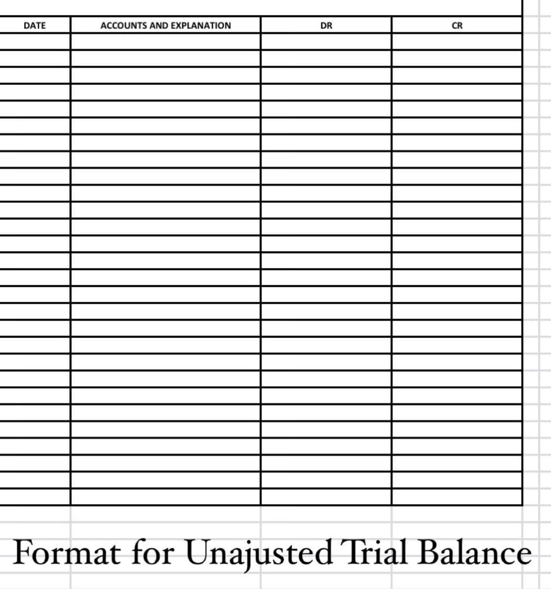 DATE
ACCOUNTS AND EXPLANATION
DR
CR
Format for Unajusted Trial Balance
