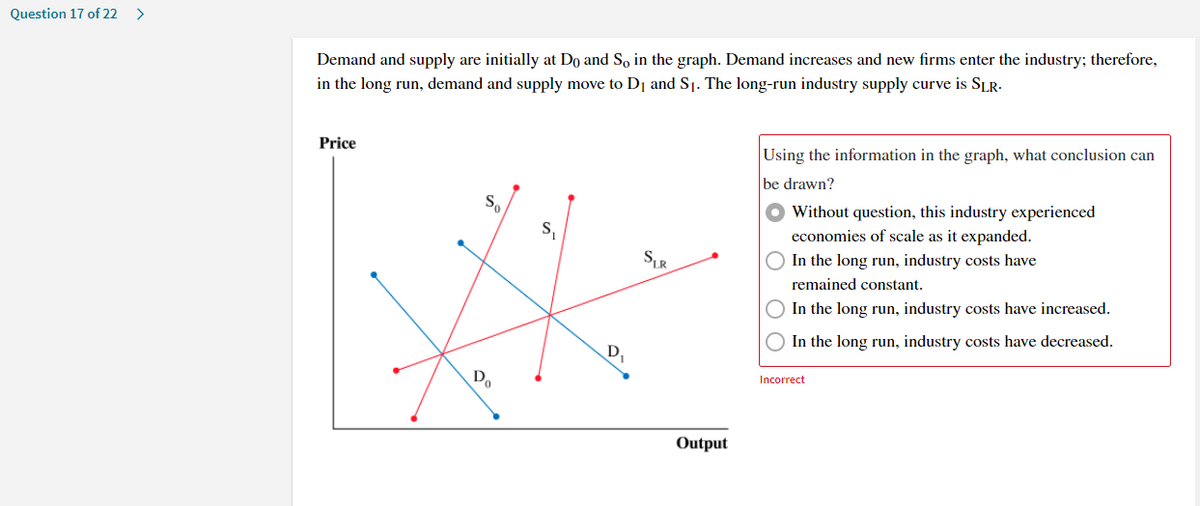 Question 17 of 22 >
Demand and supply are initially at Do and So in the graph. Demand increases and new firms enter the industry; therefore,
in the long run, demand and supply move to D1 and S1. The long-run industry supply curve is SLR-
Price
Using the information in the graph, what conclusion can
be drawn?
Without question, this industry experienced
economies of scale as it expanded.
In the long run, industry costs have
So
S,
remained constant.
In the long run, industry costs have increased.
In the long run, industry costs have decreased.
D.
Incorrect
Output
