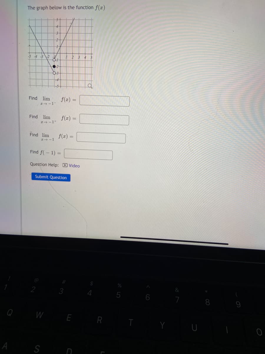 The graph below is the function f(x)
-5-4-3-2
Find lim
Find lim
-11
x-1+
Find lim
x-1
2
W
S
f(x) =
f(x) =
Find f(-1) =
f(x) =
Question Help: Video
Submit Question
E
-
4 5
a
R
LO LO
%
Y