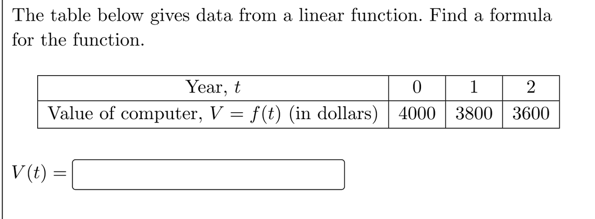 The table below gives data from a linear function. Find a formula
for the function.
Year, t
1
2
Value of computer, V = f(t) (in dollars) 4000 | 3800 | 3600
V(t) =
