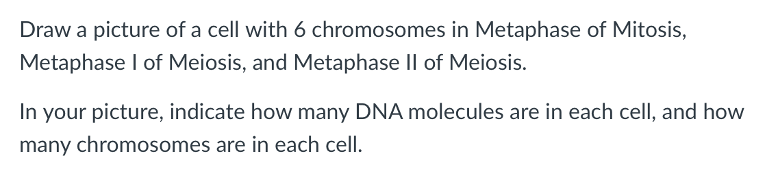 Draw a picture of a cell with 6 chromosomes in Metaphase of Mitosis,
Metaphase I of Meiosis, and Metaphase II of Meiosis.
In your picture, indicate how many DNA molecules are in each cell, and how
many chromosomes are in each cell.