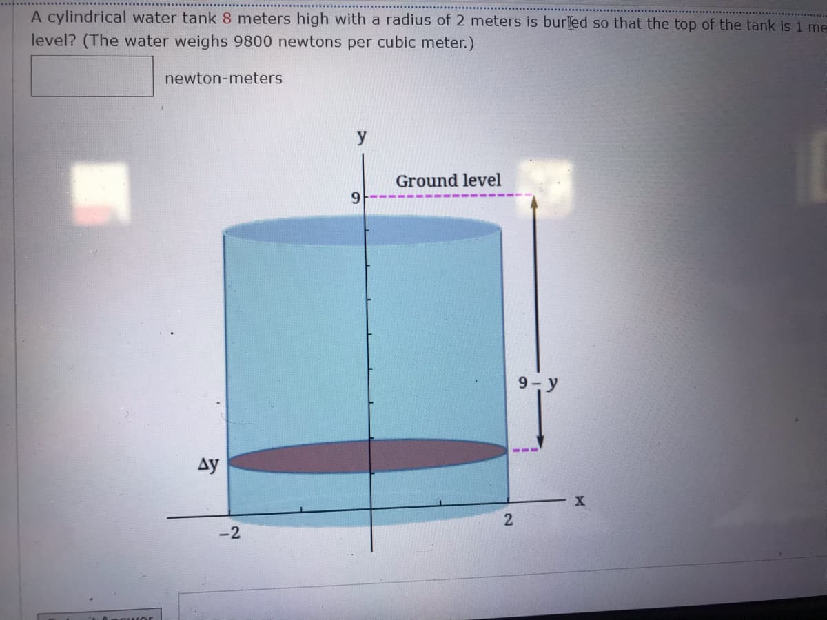 A cylindrical water tank 8 meters high with a radius of 2 meters is burjed so that the top of the tank is 1 me
level? (The water weighs 9800 newtons per cubic meter.)
newton-meters
Ground level
9- y
Ay
-2
