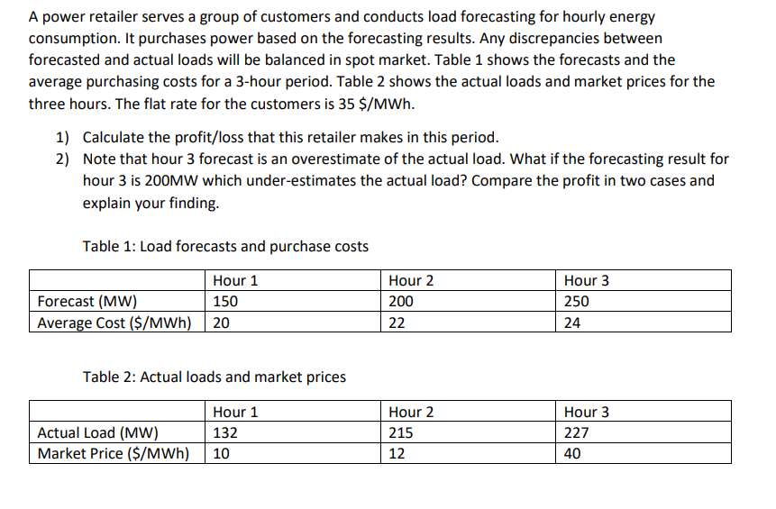 A power retailer serves a group of customers and conducts load forecasting for hourly energy
consumption. It purchases power based on the forecasting results. Any discrepancies between
forecasted and actual loads will be balanced in spot market. Table 1 shows the forecasts and the
average purchasing costs for a 3-hour period. Table 2 shows the actual loads and market prices for the
three hours. The flat rate for the customers is 35 $/MWh.
1) Calculate the profit/loss that this retailer makes in this period.
2) Note that hour 3 forecast is an overestimate of the actual load. What if the forecasting result for
hour 3 is 200MW which under-estimates the actual load? Compare the profit in two cases and
explain your finding.
Table 1: Load forecasts and purchase costs
Hour 1
Hour 2
Hour 3
Forecast (MW)
150
200
250
Average Cost ($/MWh)
22
24
Table 2: Actual loads and market prices
Hour 1
Hour 2
Hour 3
Actual Load (MW)
Market Price ($/MWh)
132
215
227
10
12
40
