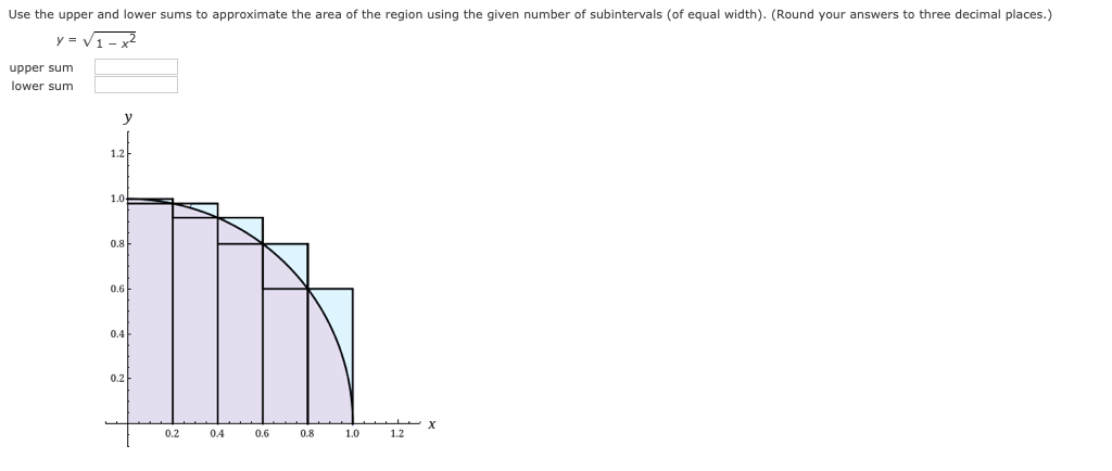 Use the upper and lower sums to approximate the area of the region using the given number of subintervals (of equal width). (Round your answers to three decimal places.)
upper sum
lower sum
y
1.2
1.0
0.8
0.6
0.4
0.2
0.2
0.4
0.6
0.8
1.0
1.2
