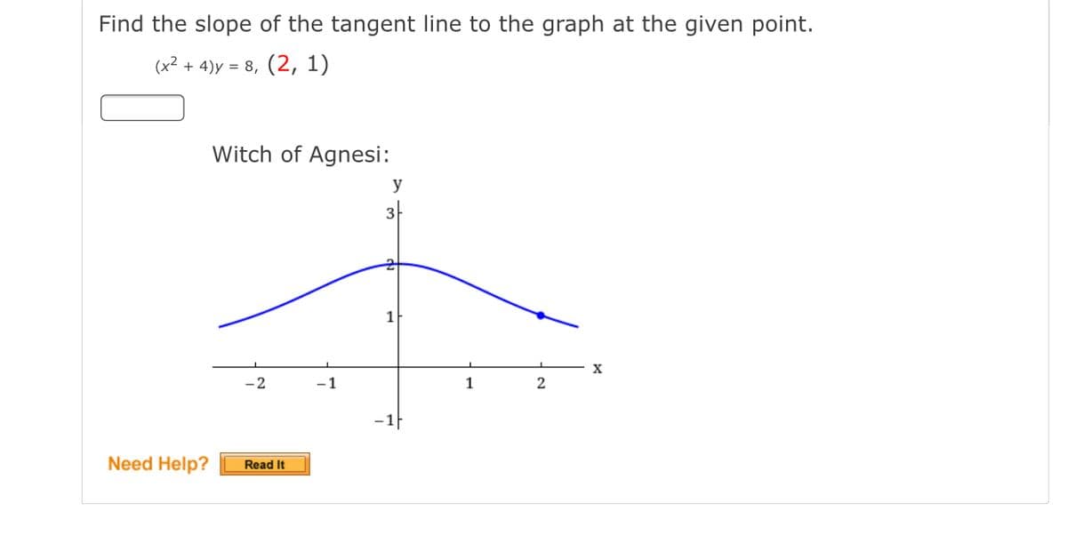 Find the slope of the tangent line to the graph at the given point.
(x² + 4)y = 8, (2, 1)
Witch of Agnesi:
y
3
1
-2
-1
1
2
-1F
Need Help?
Read It
