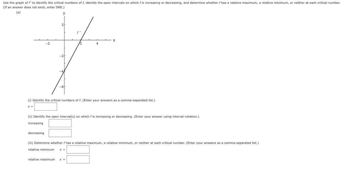 Use the graph of f' to identify the critical numbers of f, identify the open intervals on which f is increasing or decreasing, and determine whether f has a relative maximum, a relative minimum, or neither at each critical number.
(If an answer does not exist, enter DNE.)
(a)
y
2
f
-2
12
-2
(i) Identify the critical numbers of f. (Enter your answers as a comma-separated list.)
X =
(ii) Identify the open interval(s) on which f is increasing or decreasing. (Enter your answer using interval notation.)
increasing
decreasing
(iii) Determine whether f has a relative maximum, a relative minimum, or neither at each critical number. (Enter your answers as a comma-separated list.)
relative minimum
X =
relative maximum
X =
