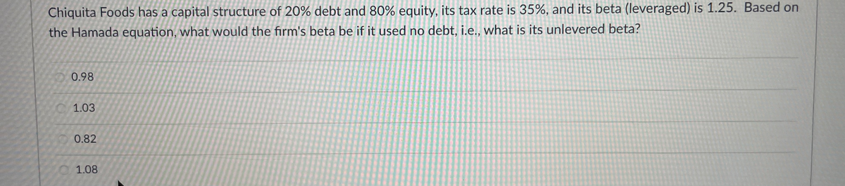 Chiquita Foods has a capital structure of 20% debt and 80% equity, its tax rate is 35%, and its beta (leveraged) is 1.25. Based on
the Hamada equation, what would the firm's beta be if it used no debt, i.e., what is its unlevered beta?
0.98
1.03
0.82
1.08
