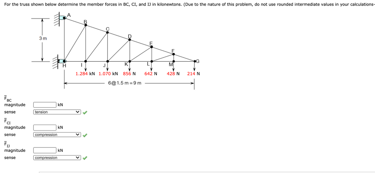 For the truss shown below determine the member forces in BC, CI, and IJ in kilonewtons. (Due to the nature of this problem, do not use rounded intermediate values in your calculations-
B
3 m
M
1.284 kN 1.070 kN
856 N
642 N
428 N
214 N
6@1.5 m = 9 m
FBC
magnitude
kN
sense
tension
FCI
magnitude
kN
sense
compression
IJ
magnitude
kN
sense
compression
