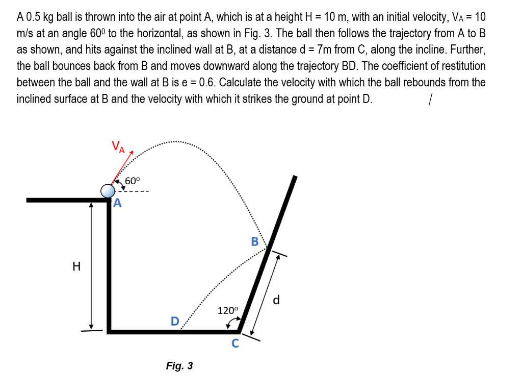 A 0.5 kg ball is thrown into the air at point A, which is at a height H = 10 m, with an initial velocity, VA = 10
m/s at an angle 60° to the horizontal, as shown in Fig. 3. The ball then follows the trajectory from A to B
as shown, and hits against the inclined wall at B, at a distance d = 7m from C, along the incline. Further,
the ball bounces back from B and moves downward along the trajectory BD. The coefficient of restitution
between the ball and the wall at B is e = 0.6. Calculate the velocity with which the ball rebounds from the
inclined surface at B and the velocity with which it strikes the ground at point D.
VA
60°
A
В
H
120°
Fig. 3
