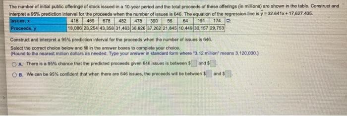 The number of initial public offerings of stock issued in a 10-year period and the total proceeds of these offerings (in millions) are shown in the table. Construct and
interpret a 95% prediction interval for the proceeds when the number of issues is 646. The equation of the regression line is y = 32.641x+ 17,627.405.
Issues, x
Proceeds, y
418
469
678
482
478
390
56
64
191
174 D
18,086 28.254 43,358 31,463 36,626 37,262 21,845 10,449 30,157 29,753
Construct and interpret a 95% prediction interval for the proceeds when the number of issues is 646.
Select the correct choice below and fil in the answer boxes to complete your choice.
(Round to the nearest million dollars an needed. Type your answer in standard form where "3.12 million" means 3,120,000.)
OA There is a 95% chance that the predicted proceeds given 646 issues is between $
and $
B. We can be 95% confident that when there are 646 issues, the proceeds will be between $
and $
