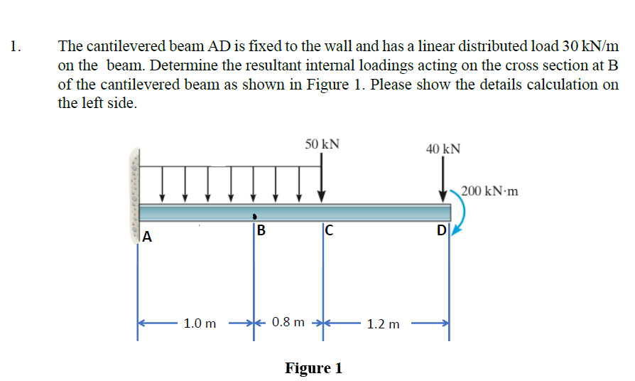1.
The cantilevered beam AD is fixed to the wall and has a linear distributed load 30 kN/m
on the beam. Determine the resultant internal loadings acting on the cross section at B
of the cantilevered beam as shown in Figure 1. Please show the details calculation on
the left side.
50 kN
40 kN
200 kN-m
A
B
|C
D
1.0 m
0.8 m
1.2 m
Figure 1
