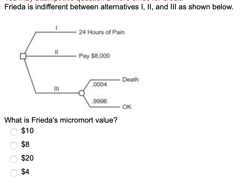 Frieda is indifferent between alternatives I, II, and IIl as shown below.
24 Hours of Pain
Pay $8,000
Death
.0004
III
.9996
OK
What is Frieda's micromort value?
$10
$8
O $20
$4
