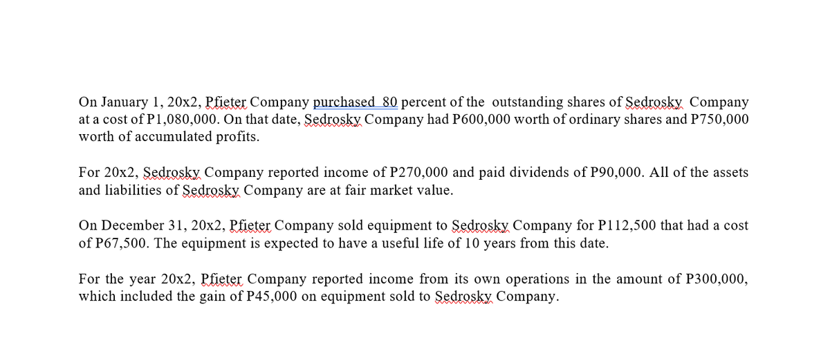 On January 1, 20x2, Pfieter Company purchased 80 percent of the outstanding shares of Sedrosky Company
at a cost of P1,080,000. On that date, Şedrosky Company had P600,000 worth of ordinary shares and P750,000
worth of accumulated profits.
For 20x2, Şedrosky Company reported income of P270,000 and paid dividends of P90,000. All of the assets
and liabilities of Sedrosky Company are at fair market value.
On December 31, 20x2, Pfieter Company sold equipment to Sedrosky Company for P112,500 that had a cost
of P67,500. The equipment is expected to have a useful life of 10 years from this date.
For the year 20x2, Pfieter Company reported income from its own operations in the amount of P300,000,
which included the gain of P45,000 on equipment sold to Şedrosky Company.
