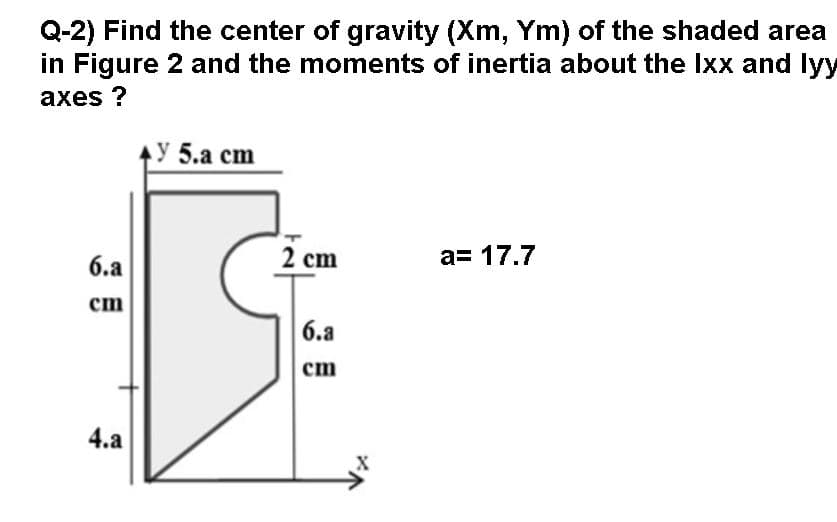Q-2) Find the center of gravity (Xm, Ym) of the shaded area
in Figure 2 and the moments of inertia about the Ixx and ly
аxes ?
4У 5.а сm
6.a
2 cm
a= 17.7
cm
6.a
cm
4.a
