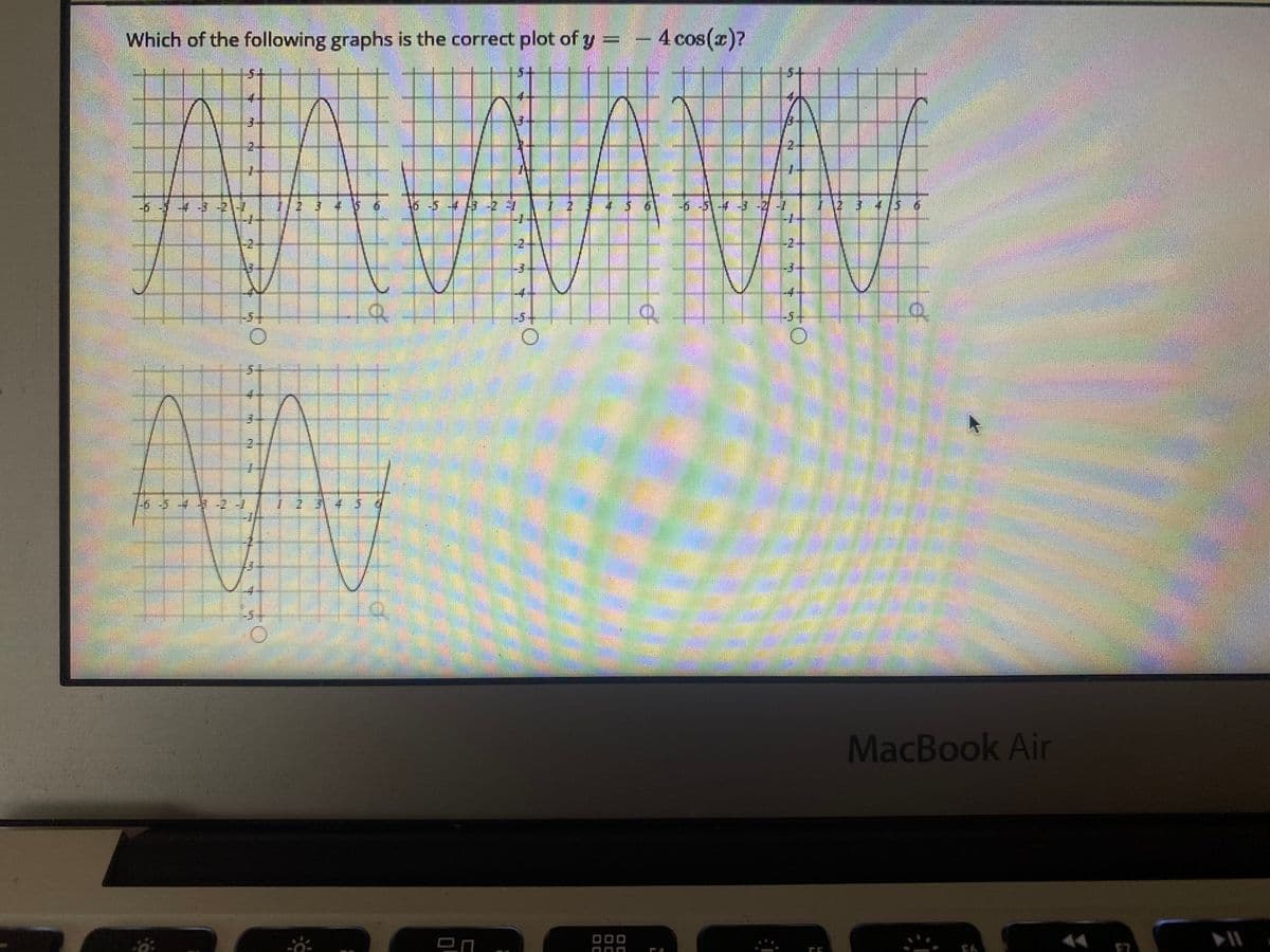 Which of the following graphs is the correct plot of y
4 cos(z)?
51
+5+
3.
-6 -45-2|
6-543 -2
456
-65-43-2 -
1 2 3 45 6
-2
-2-
-4
-4-
-6-54 -21/12 3454
MacBook Air
רה
of
ney
