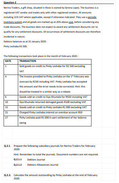 Question 2
Nerina Traders, a gift shop, situated in Illovo is owned by Serena Lopez. The business is a
registered VAT vendor and trades only with other registered vendors. All amounts
including 15% VAT where applicable, except if otherwise indicated. They use a periodic
inventory system and all goods are marked up at 20% above cost, before considering any
trade discounts. The business does not expect to award any settlement discounts nor to
qualify for any settlement discounts. All occurrences of settlement discounts are therefore
incidental in nature.
Debtors balances as at 31 January 2020:
Pinky Leshaba R3 500.
The following transactions took place in the month of February 2020:
DATE
TRANSACTION
1
Sold goods on credit to Pinky Leshaba for R2 500 excluding
VAT
4
The invoice provided to Pinky Leshaba on the 1" February was
overcast by R230 including VAT. Pinky Leshaba has accepted
this amount and the error needs to be corrected. Hint: this
should be treated in a similar way as a rebate.
Goods sold on credit to Siya Khumalo for R920 including VAT
10
Siya Khumalo returned damaged goods R100 excluding VAT
15
Goods sold on credit to Pinky Leshaba R1 000 excluding VAT
21
Charged Pinky Leshaba interest on overdue account RSO
27
Pinky Leshaba paid R1 000 in part settlement of her balance
owing
Q.2.1
Prepare the following subsidiary journals for Nerina Traders for February
2020:
Hint: Remember to total the journals. Document numbers are not required.
Q.2.1.1
Debtors Journal
Q.2.1.2
Debtors Allowances Journal
Q.2.2. Calculate the amount outstanding by Pinky Leshaba at the end of February
2020.
