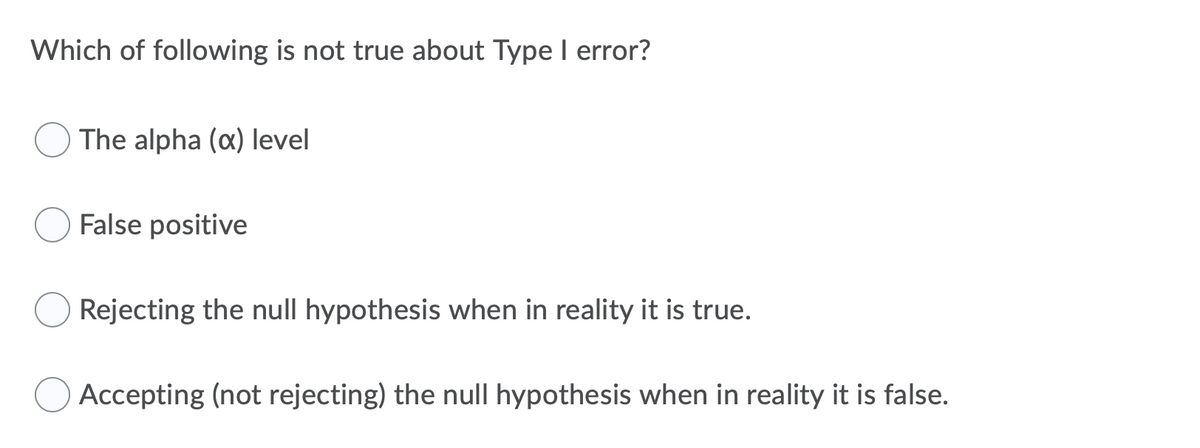 Which of following is not true about Type I error?
The alpha (x) level
False positive
Rejecting the null hypothesis when in reality it is true.
Accepting (not rejecting) the null hypothesis when in reality it is false.
