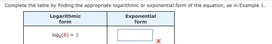 Complete the table by finding the appropriate logarithmic or exponential form of the equation, as in Example 1.
Logarithmic
form
Exponential
form
logg(8) = 1
