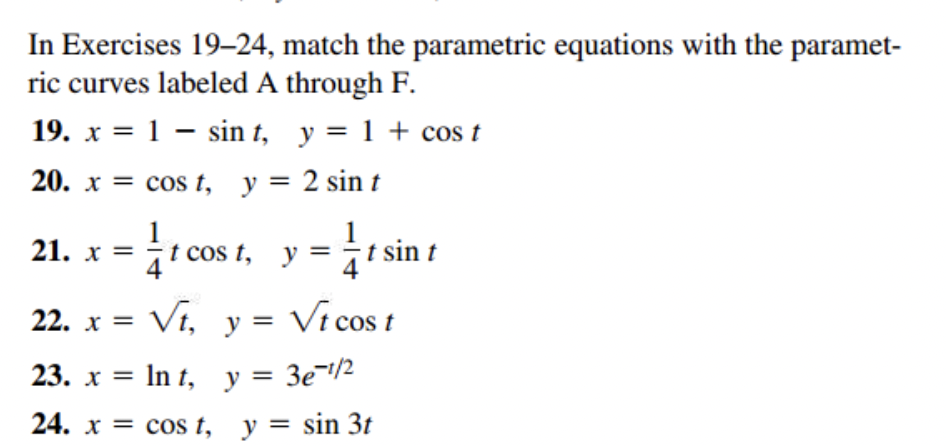 In Exercises 19-24, match the parametric equations with the paramet-
ric curves labeled A through F.
19. x = 1 - sint, y = 1 + cos t
20. x = cos t, y = 2 sin t
21. x = t cost, y = t sin t
y = Vt cos t
y = 3e-¹/2
22. x = √t,
23. x = ln t,
24. x = cos t,
y = sin 3t