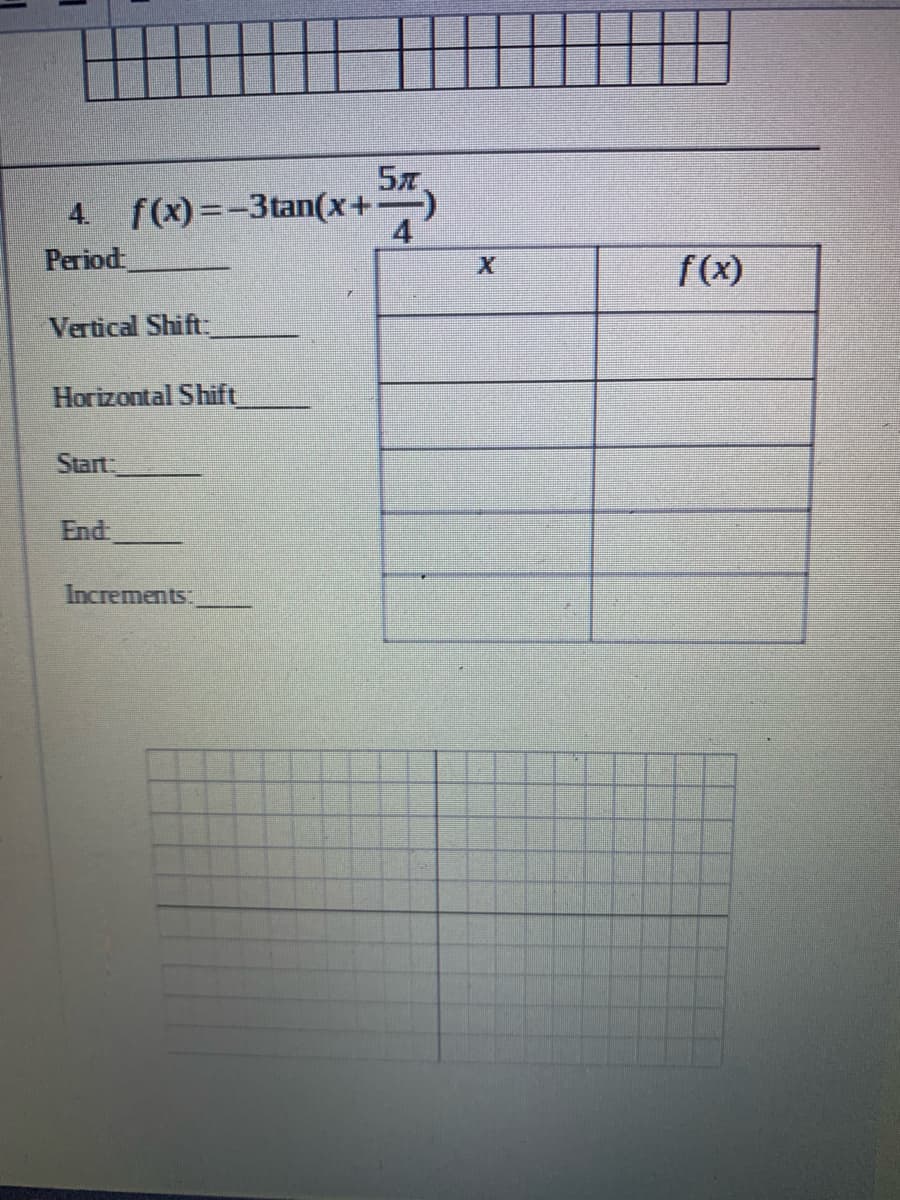 5x.
4 f(x)=-3tan(x+-
Period
f(x)
Vertical Shift
Horizontal Shift
Start:
End
Increments:
