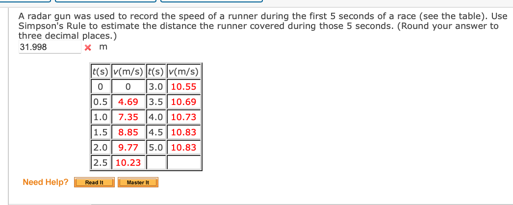 A radar gun was used to record the speed of a runner during the first 5 seconds of a race (see the table). Use
Simpson's Rule to estimate the distance the runner covered during those 5 seconds. (Round your answer to
three decimal places.)
31.998
t(s) v(m/s) t(s) v(m/s)
3.0 10.55
0.5 4.69
3.5 10.69
1.0
7.35
|4.0 10.73
1.5
8.85
4.5 10.83
2.0
9.77
5.0 10.83
2.5 10.23
Need Help?
Read It
Master It
