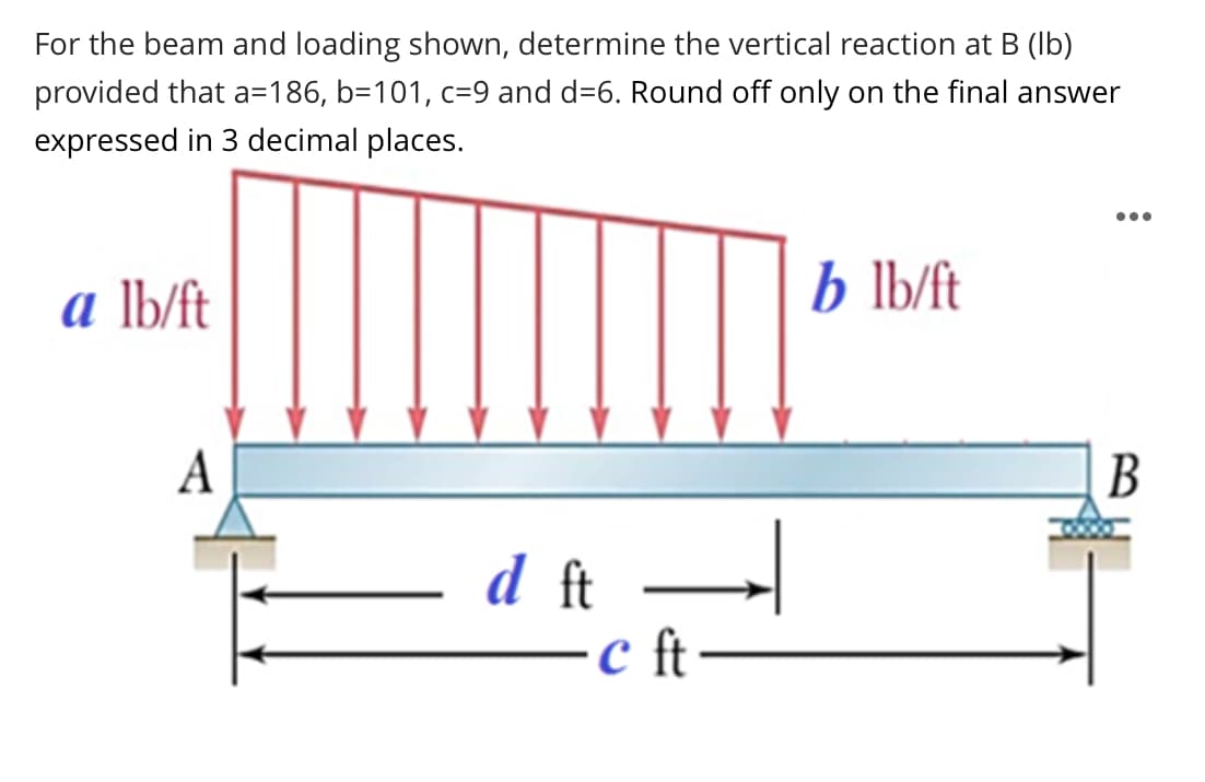 For the beam and loading shown, determine the vertical reaction at B (Ib)
provided that a=186, b=101, c=9 and d=6. Round off only on the final answer
expressed in 3 decimal places.
...
a lb/ft
b lb/ft
A
В
d ft -
c ft

