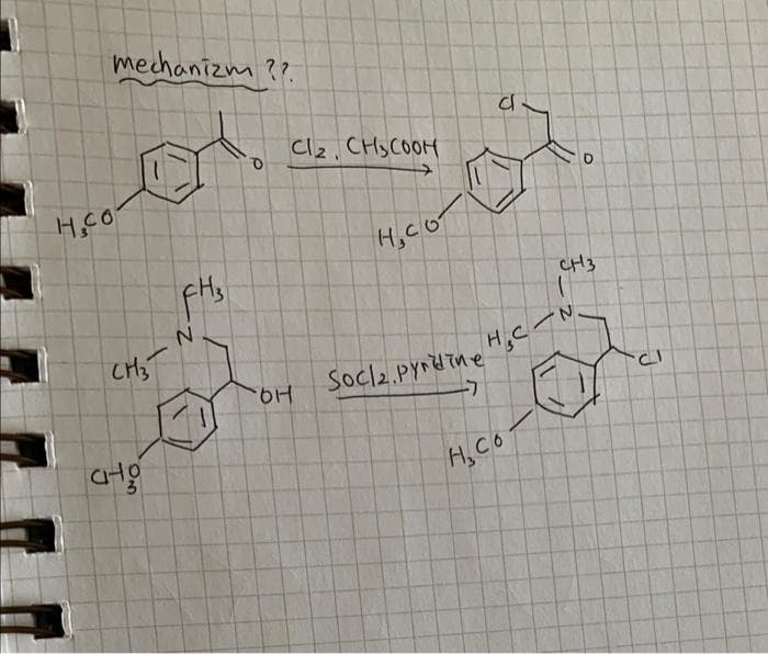 mechanizm ?
Cl2. CHSCOOM
H,CO
CH3
H.C
H9.
Socl2.pyrdine
H,Co
