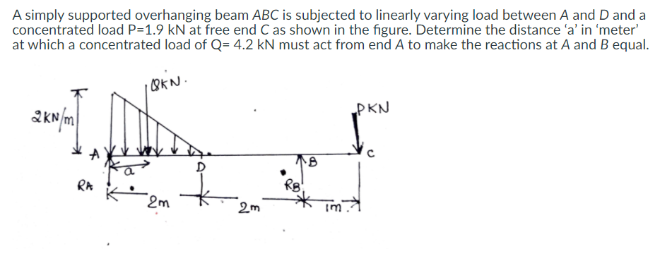 A simply supported overhanging beam ABC is subjected to linearly varying load between A and D and a
concentrated load P=1.9 kN at free end C as shown in the figure. Determine the distance 'a' in 'meter'
at which a concentrated load of Q= 4.2 kN must act from end A to make the reactions at A and B equal.
8KN.
PKN
D
RA
2m
2m
