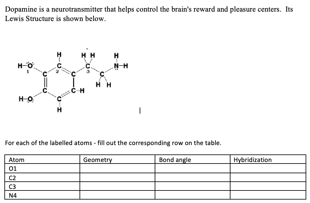 Dopamine is a neurotransmitter that helps control the brain's reward and pleasure centers. Its
Lewis Structure is shown below.
H H
H
H-O
N-H
3
H H
C-H
H-O.
For each of the labelled atoms - fill out the corresponding row on the table.
Atom
Geometry
Bond angle
Hybridization
01
C2
C3
N4

