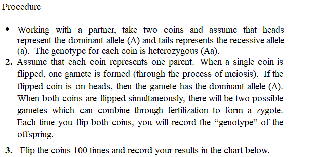 Procedure
• Working with a partner, take two coins and assume that heads
represent the dominant allele (A) and tails represents the recessive allele
(a). The genotype for each coin is heterozygous (Aa).
2. Assume that each coin represents one parent. When a single coin is
flipped, one gamete is formed (through the process of meiosis). If the
flipped coin is on heads, then the gamete has the dominant allele (A).
When both coins are flipped simultaneously, there will be two possible
gametes which can combine through fertilization to form a zygote.
Each time you flip both coins, you will record the "genotype" of the
offspring.
3. Flip the coins 100 times and record your results in the chart below.