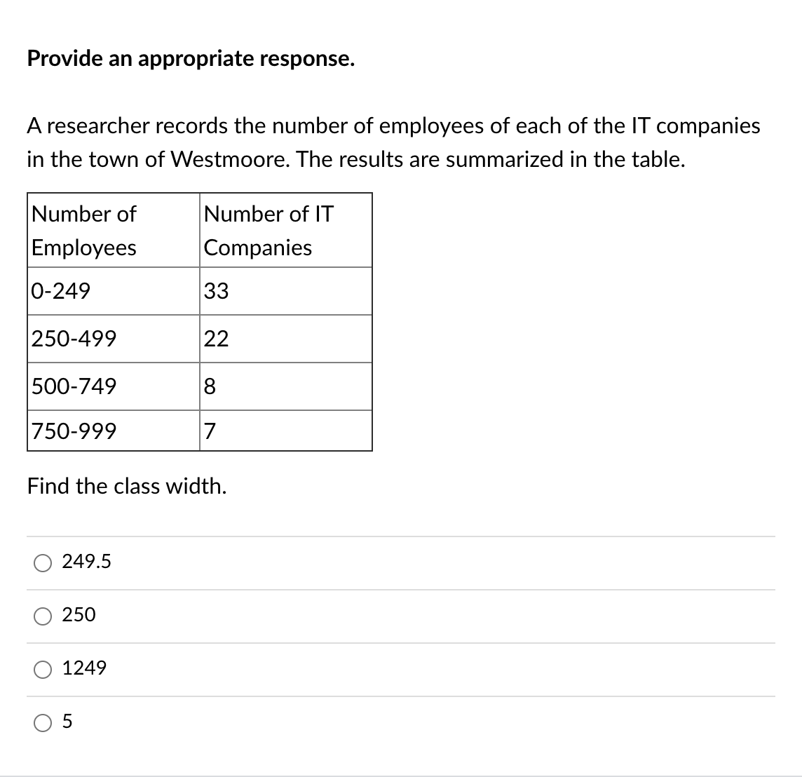 Provide an appropriate response.
A researcher records the number of employees of each of the IT companies
in the town of Westmoore. The results are summarized in the table.
Number of
Number of IT
Employees
Companies
|0-249
33
250-499
22
500-749
8
750-999
7
Find the class width.
249.5
250
1249
