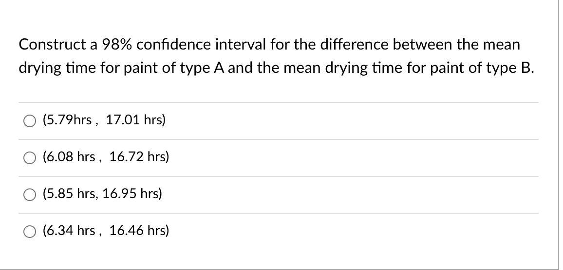 Construct a 98% confidence interval for the difference between the mean
drying time for paint of type A and the mean drying time for paint of type B.
(5.79hrs, 17.01 hrs)
O (6.08 hrs, 16.72 hrs)
(5.85 hrs, 16.95 hrs)
(6.34 hrs, 16.46 hrs)
