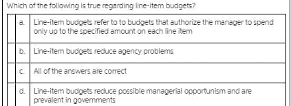 Which of the following is true regarding line-item budgets?
a. Line-item budgets refer to to budgets that authorize the manager to spend
only up to the specified amount on each line item
b. Line-item budgets reduce agency problems
C.
All of the answers are correct
d. Line-item budgets reduce possible managerial opportunism and are
prevalent in governments
