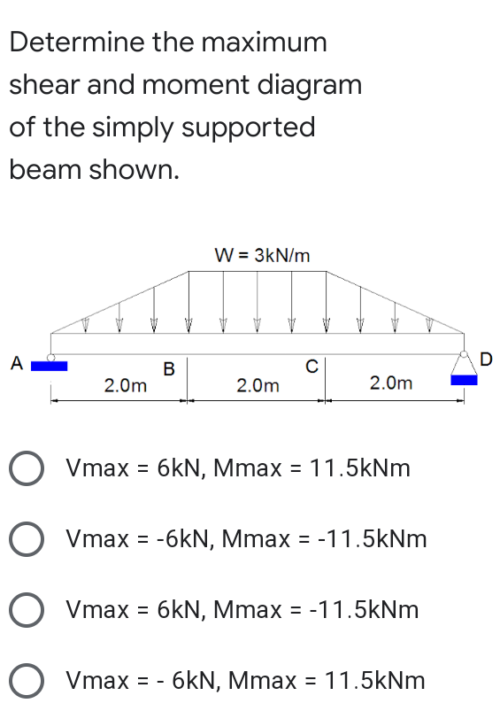 Determine the maximum
shear and moment diagram
of the simply supported
beam shown.
W = 3kN/m
A
B
2.0m
2.0m
2.0m
O Vmax = 6kN, Mmax = 11.5kNm
O Vmax = -6kN, Mmax = -11.5kNm
O Vmax = 6kN, Mmax = -11.5kNm
%3D
O Vmax = - 6kN, Mmax = 11.5kNm
