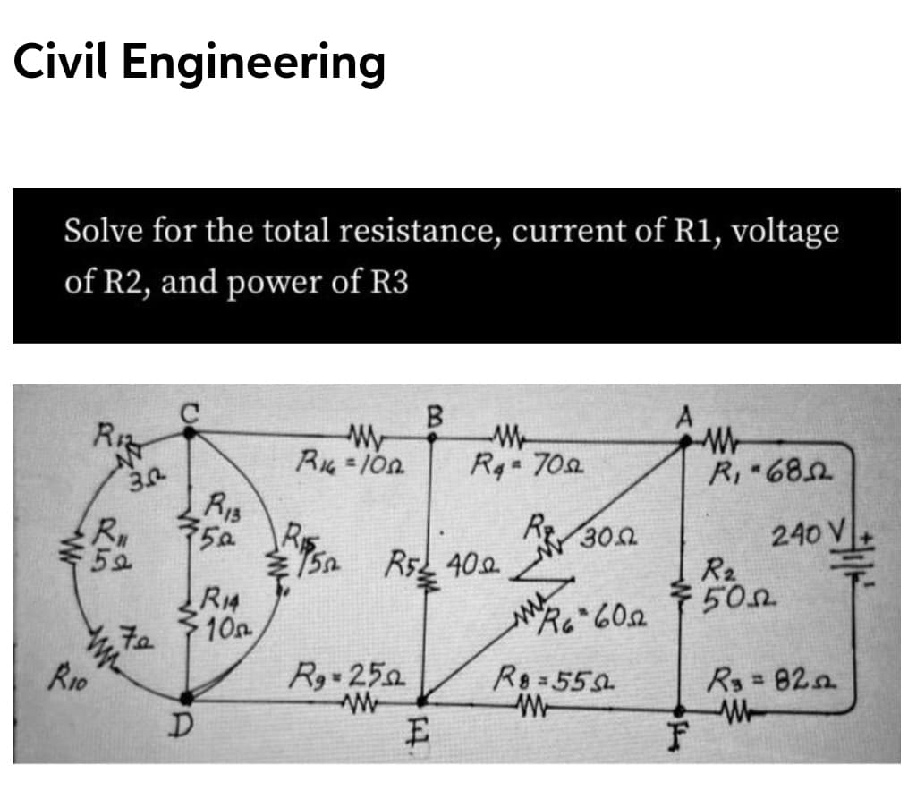 Civil Engineering
Solve for the total resistance, current of R1, voltage
of R2, and power of R3
R
Rq 70a
R, 682
RIS
240 V
R2
50
Rz/300
Ru
59
R$
50
Rs 40a.
R14
10n
R 250
Re602
Ro=559
= 82n
%3D
R1o
E
