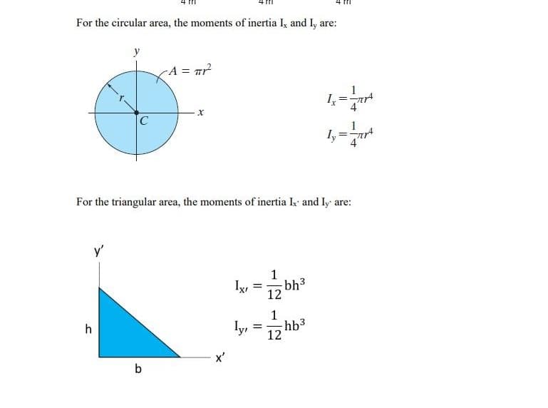 For the circular area, the moments of inertia I, and I, are:
y
-A = ar
I, =art
1,-
Iy
For the triangular area, the moments of inertia Ik and Iy are:
y'
1
Ix
-bh3
12
1
hb3
12
h
lyı
x'
b
