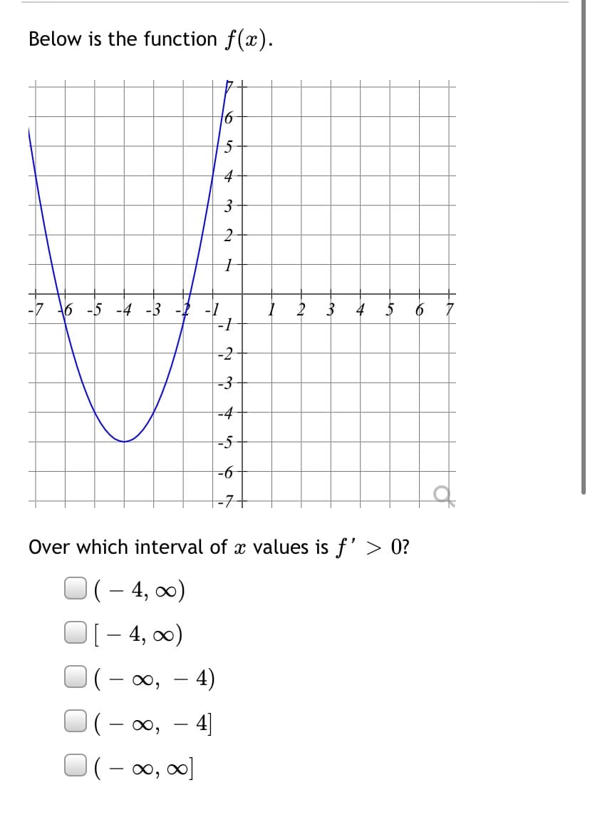 Below is the function f(x).
5
4-
16 -5 -4 -3 -? -1
2
3
4
-2
-3
-4
-6
=7+
Over which interval of x values is f' > 0?
)(– 4, ∞0)
[- 4, ∞0)
(– 00, – 4)
(- 0,
4]
O(- 00, 0)
