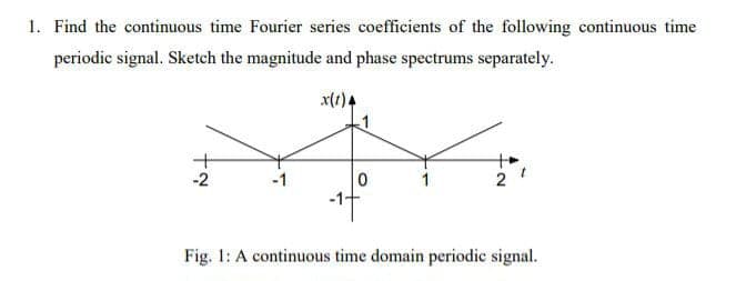 1. Find the continuous time Fourier series coefficients of the following continuous time
periodic signal. Sketch the magnitude and phase spectrums separately.
-2
x(1) 4
1
0
1
2
Fig. 1: A continuous time domain periodic signal.