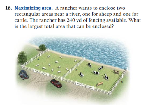 16. Maximizing area. A rancher wants to enclose two
rectangular areas near a river, one for sheep and one for
cattle. The rancher has 240 yd of fencing available. What
is the largest total area that can be enclosed?
